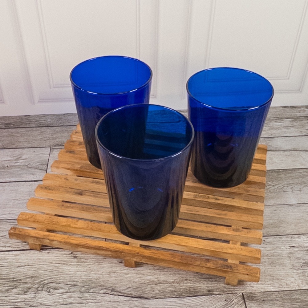 Set of 3 Vintage Cobalt Blue Glass Tumblers Drinking Glasses 4.5 Inch Tapered